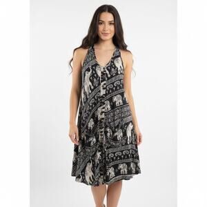 Boho Elephant Midi Dress Black Cream Button Hippie Medium Indie Festival Flowy